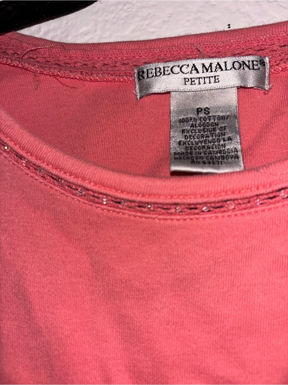 Rebecca Malone Petite Coral Pink Short-Sleeve Tee with Subtle Neckline Trim